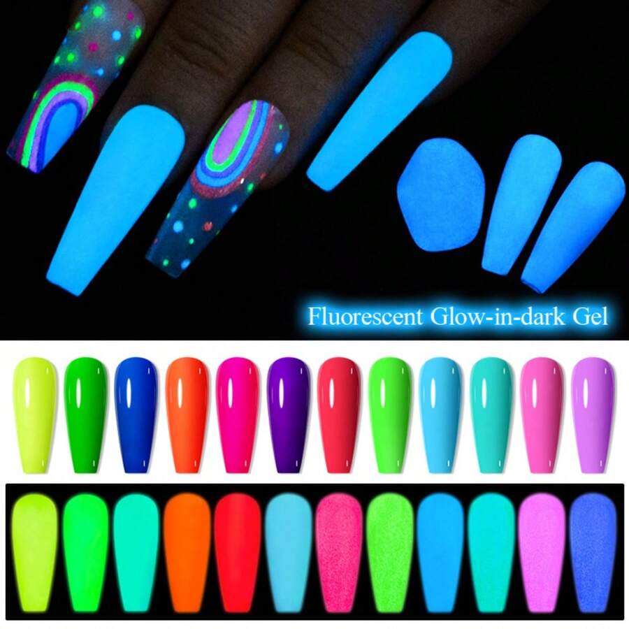 12pcs Fluorescent Glow-In-The-Dark Nail Polish Set, Vibrant UV/LED Removable Gel Nail Polish, Long-Lasting Manicure, Suitable For Music Festivals Nails - Multicolor - View 1