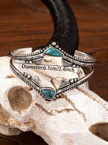 1 Pc Natural Blue Turquoise Stone Decor Western Metal Cuff Bangle Bracelet For Women - Multicolor - View 3