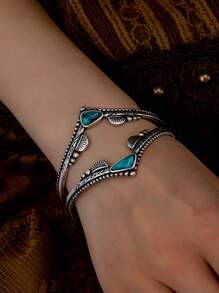 1 Pc Natural Blue Turquoise Stone Decor Western Metal Cuff Bangle Bracelet For Women - Multicolor - View 2