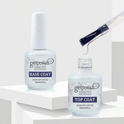 2支15毫升免擦拭凝胶底油和面油套装，光泽亮丽，持久耐用，适用于家庭美甲沙龙DIY美甲。