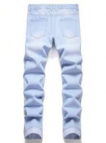 1pc Men's Fashion Embroidered Straight Leg Casual Jeans, Emo Style - Blue - View 2
