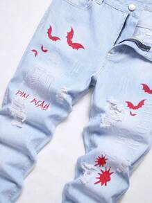 1pc Men's Fashion Embroidered Straight Leg Casual Jeans, Emo Style - Blue - View 3
