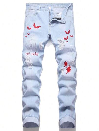 1pc Men's Fashion Embroidered Straight Leg Casual Jeans, Emo Style