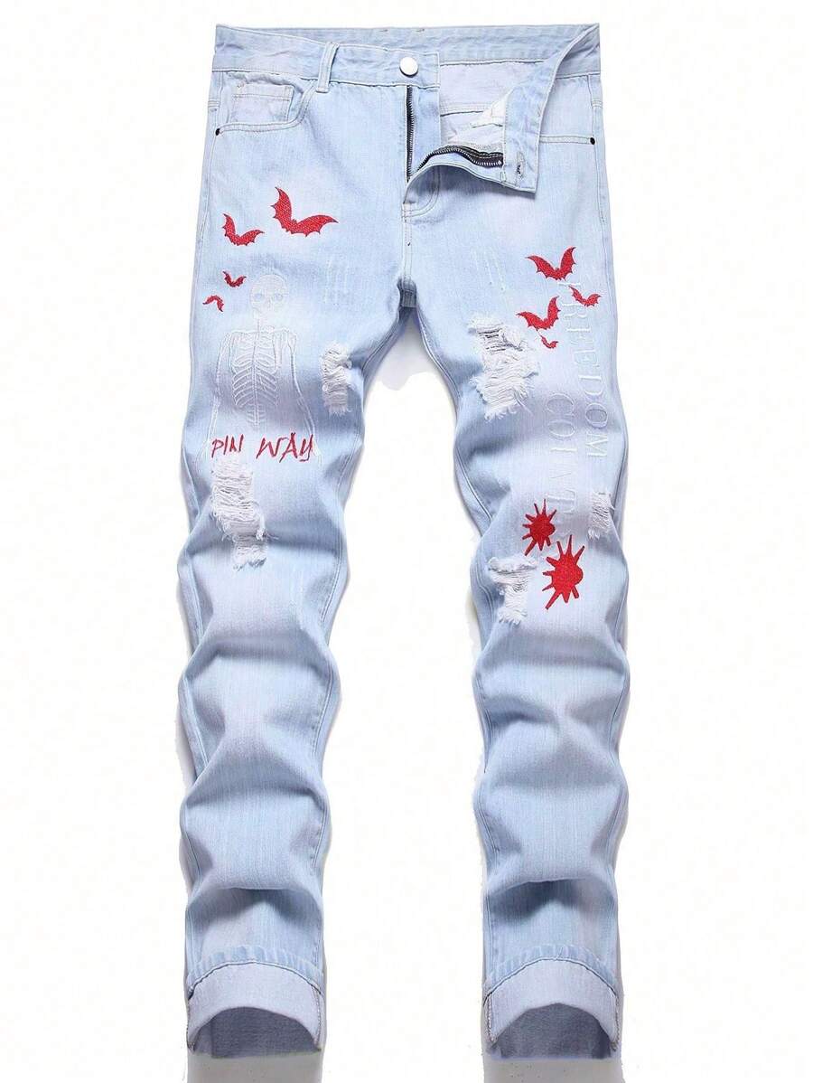 1pc Men's Fashion Embroidered Straight Leg Casual Jeans, Emo Style - Blue - View 1