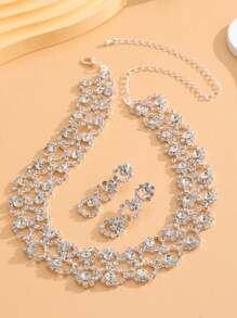 2pcs Sparkling Full Rhinestone Bridal Party Jewelry Set For Women - Silver - View 5