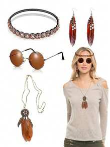 4PCS Vintage 60's Hippie Handmade Beaded Headband + Brown Glasses + Tassel Feather Earrings + Feather Necklace Holiday Party 4-Piece Costume Set, Boho Style Women's Cosplay Costume Accessories Masquerade Dress Set Small Gift. Halloween