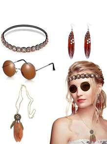 4PCS Vintage 60's Hippie Handmade Beaded Headband + Brown Glasses + Tassel Feather Earrings + Feather Necklace Holiday Party 4-Piece Costume Set, Boho Style Women's Cosplay Costume Accessories Masquerade Dress Set Small Gift. Halloween