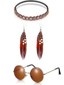 4PCS Vintage 60's Hippie Handmade Beaded Headband + Brown Glasses + Tassel Feather Earrings + Feather Necklace Holiday Party 4-Piece Costume Set, Boho Style Women's Cosplay Costume Accessories Masquerade Dress Set Small Gift. Halloween
