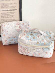 1 Pieza/Set Organizador de cosméticos multifuncional de gran capacidad con estampado floral y de cuadros, bolso de mano con cremallera para almacenar lápices labiales, brochas, productos de cuidado de la piel, artículos de viaje esenciales, bolsa de maquillaje, organizador de maquillaje, regalo para mujeres en vacaciones, invierno, San Valentín, vuelta al colegio