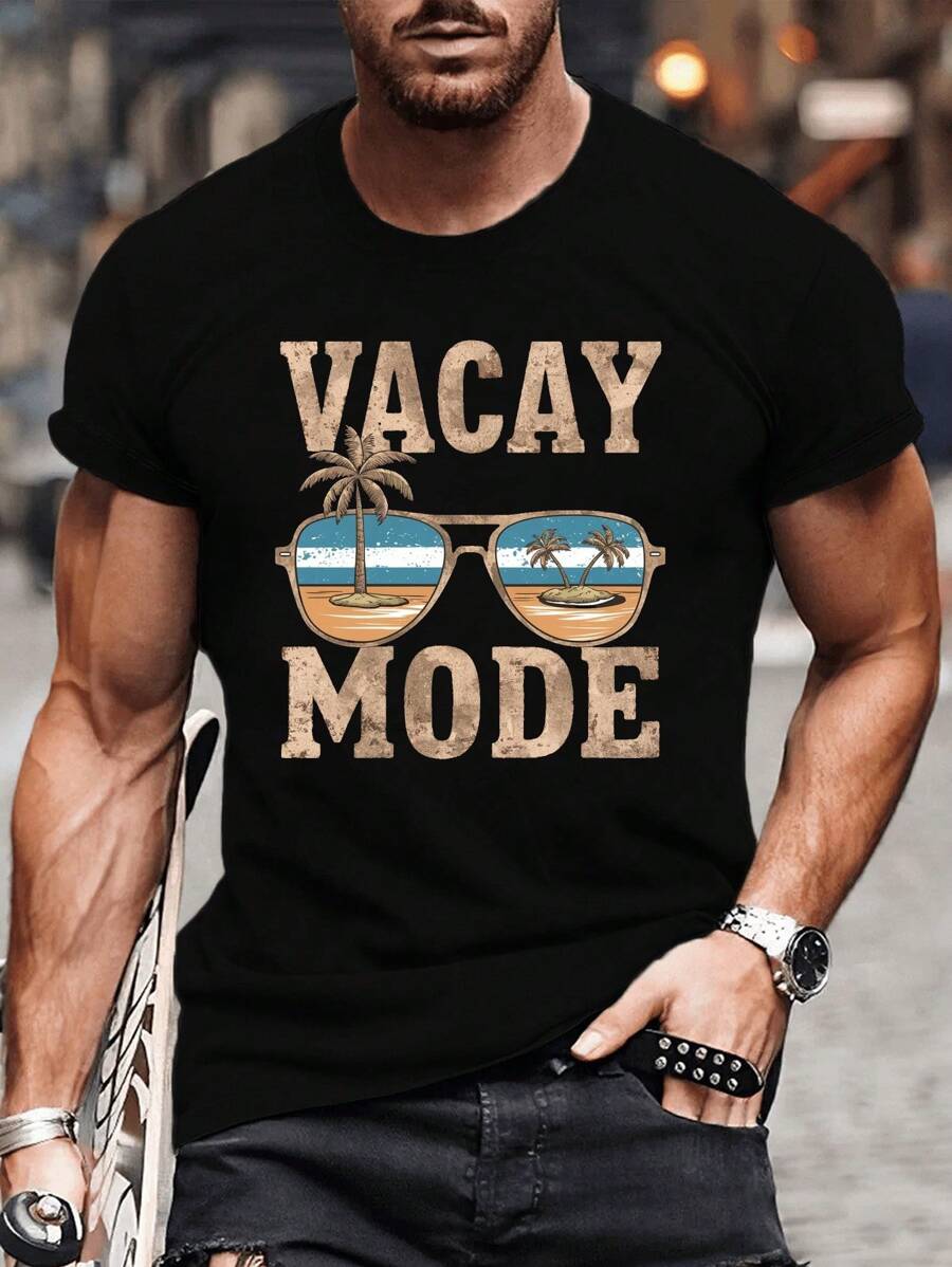 VACAY MODE Fashion Vacation Style T-Shirt, Men's Spring, Summer And Autumn, Men's Round Neck Short Sleeves, Suitable For Daily Wear Tops - 黑色 - 查看 1