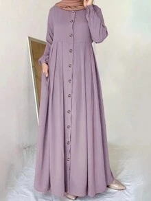 Women Plain Color Front Button Long Sleeve Pocket Minimalist Arabic Design Dress, Modest - Purple - View 3