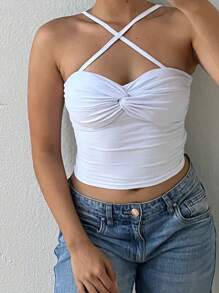 Knotted Crop Top With Padded Bra And Cross Straps - White - View 2