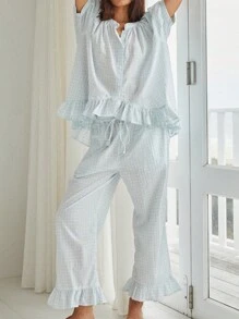 Women's 2 Piece Pajama Set Short Sleeve Button Up Plaid Tops Drawstring Pants Sleepwear Sets - Baby Blue - View 6