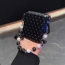 折叠手机壳适用于三星 ZFLIP6,时尚水钻黑色、卡其色,配有蝴蝶结手提包带,适用于三星 Galaxy Z Flip3/4/5/6,防震翻盖手机壳 - 黑色 - 查看 3