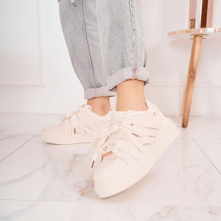Flat Sneakers With Decorative Laces And Strap - Beige - View 1