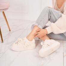 Flat Sneakers With Decorative Laces And Strap - Beige - View 2