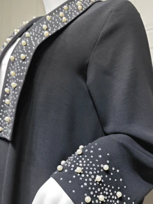 Long Crystal Embellished Abayas For Women, Black Shiny, Modest Robe