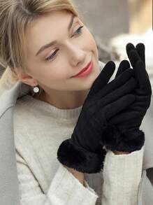 Women Winter Suede Gloves Fur Cuffs Touchscreen Gloves Soft Warm Fleece Lined Glove - Black#2 - View 2
