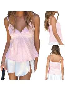 Women's Eyelet Lace Camisole V Neck Spaghetti Strap Sleeveless Loose Blouse Casual Fall Winter Layering Top For Daily Streetwear Party - 粉色 - 查看 6