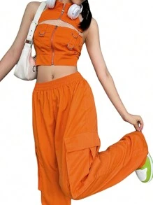 Women's Casual Pants, Elastic Waist Solid Color Straight Leg Pocketed Loose Cargo Trousers - 橘色 - 查看 6