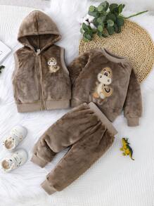 Bộ 3 áo khoác cổ tròn họa tiết khủng long ấm áp cho bé trai, áo dài tay và quần dài, mùa thu/đông - Màu nâu Sô-cô-la - Xem 11