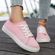 四季帆布鞋，女士厚底透气白色运动鞋，休闲运动平底鞋，厚底增高运动白鞋 - 粉色 - 查看 1