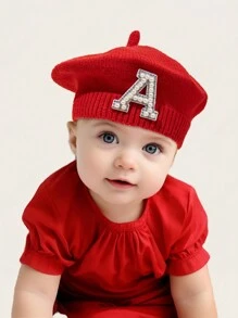 1 boina roja para bebé, gorro de punto con letra para bebé recién nacido, gorro de punto con letra, apto para bebés durante todo el año - 0-6M - Ver 3