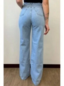 Women's Wide Leg High Waist Jeans In Graphite Fabric - Light Wash - View 2