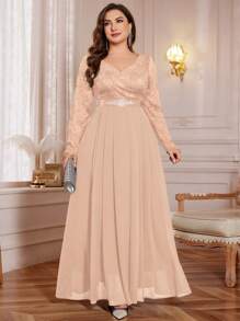 Plus V-Neck Floral Lace Contrast Chiffon Rhinestone Ribbon Waist Formal Party Long Dress, Valentine's Day Dress, Wedding Guest Dress, For Prom, Festivals, Graduation, Dinner - Champagne - View 9