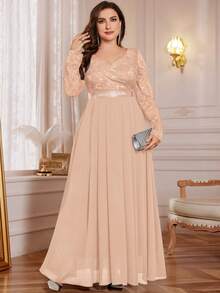 Plus V-Neck Floral Lace Contrast Chiffon Rhinestone Ribbon Waist Formal Party Long Dress, Valentine's Day Dress, Wedding Guest Dress, For Prom, Festivals, Graduation, Dinner - Champagne - View 10