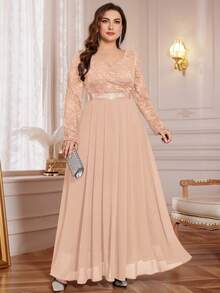 Plus V-Neck Floral Lace Contrast Chiffon Rhinestone Ribbon Waist Formal Party Long Dress, Valentine's Day Dress, Wedding Guest Dress, For Prom, Festivals, Graduation, Dinner - Champagne - View 11