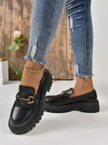 Women's Fashionable Platform Loafers With Metal Buckle Decor, Comfortable Retro Shoes - Hitam - View 2
