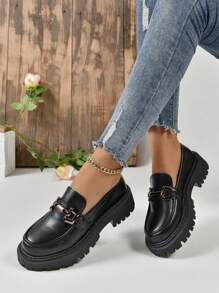Women's Fashionable Platform Loafers With Metal Buckle Decor, Comfortable Retro Shoes - Hitam - View 4