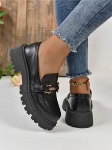 Women's Fashionable Platform Loafers With Metal Buckle Decor, Comfortable Retro Shoes - Hitam - View 5