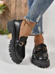 Women's Fashionable Platform Loafers With Metal Buckle Decor, Comfortable Retro Shoes - Hitam - View 6