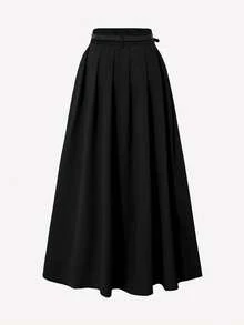 Women's Decorative Belt High Waist Long Pleated A-Line Skirt