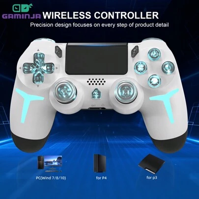  Control inalámbrico de juego GAMINJA P412, compatible con PS4/PS4 Slim/PS4 Pro/PC, efectos de iluminación multimodales RGB, vibración dual, altavoz, giroscopio de seis ejes, conector para auriculares, panel táctil y tablero y tira luminosa LED