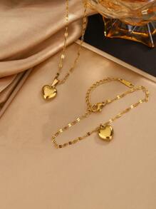 1 套 2 件 18K 镀金不锈钢链项链和手链套装，配有可爱的串珠链和丰满的心形吊坠，优雅的珠宝套装，适合女性在派对、约会时佩戴，或作为情人节礼物，情人节、妈妈、母亲、母亲节、礼物 - 金黃色 - 查看 10