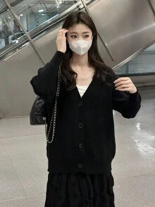 Knitted Cardigan Women Top, Loose Fit Casual Sweater Coat, Autumn/Winter - Black - View 7