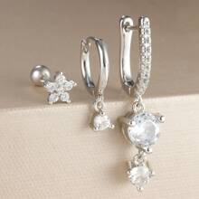 3PCS For One Ear Colorful Crystal Copper And Stainless Steel Hoop Earrings Set For Women Geometric Round Pendant Earring Cartilage Piercing Jewelry - 3pcs Earrings Set - View 16