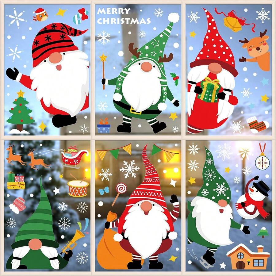 6/12 Sheets Window Clings Santa Claus Snowman Pattern Window Stickers Xmas Cartoon Double Sided Window Decals For Winter New Year Party Home Glass Decoration - Multicolor - View 1