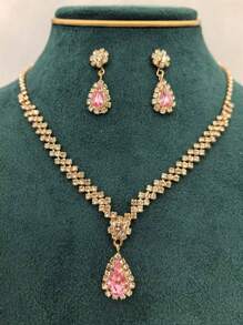 3pcs Women's Teardrop Shape Earring, Necklace Jewelry Set - Baby Pink - View 12