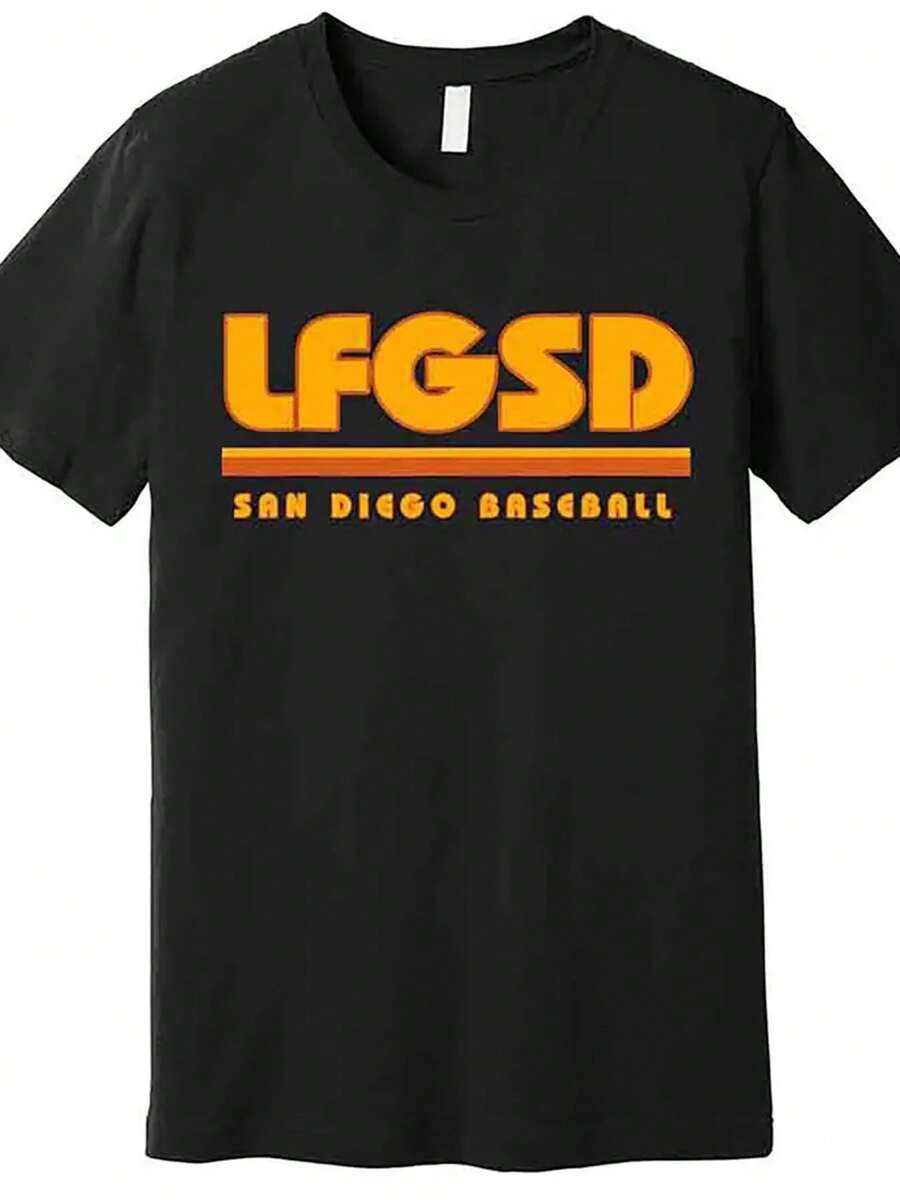 Single Piece, 100% Cotton, LFGSD San Diego Baseball Premium T-Shirt, Cool Retro Casual Fun Wearing Exquisite Letter Pattern T-Shirt, Men's Short Sleeved Printed T-Shirt, Square Neck Street Pure Cotton Short Sleeved T-Shirt, Fashionable T-Shirt, Holiday Gift - Black - View 1