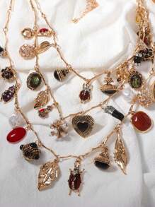 Vintage Multilayer Pendant Necklace Set, Includes Necklaces & Bracelets With Insect, Leaf, Heart, Geometric Charms For Women - Vintage Flower Pendant Multi-layer Necklace - View 3