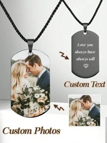 1 pieza Collar personalizado con colgante de foto con texto grabado por láser. Joyería para hombre, regalo de moda negra, estilo casual, minimalista, unisex, ideal como regalo personalizado para ella, novia, mamá, familia, amigos, hija, abuelos para aniversarios, cumpleaños, uso diario, baile de graduación, Día de la Madre, Día de San Valentín, graduación, bodas