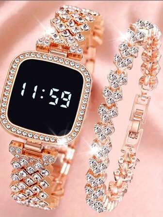 2pcs/Set Fashionable Diamond Decorated Square Dial Quartz Watch And Bracelet Set, High-Quality Stainless Steel Strap Suitable For Teenagers, Great Gift For Birthday, Anniversary, Christmas And Other Holidays