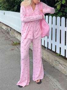 Conjunto de pijama para mujer, parte superior de manga larga con estampado de moño lindo y pantalones, ropa de dormir y de estar por casa