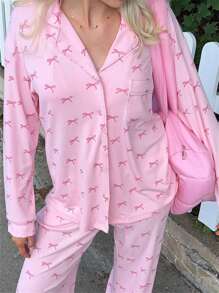 Conjunto de pijama para mujer, parte superior de manga larga con estampado de moño lindo y pantalones, ropa de dormir y de estar por casa