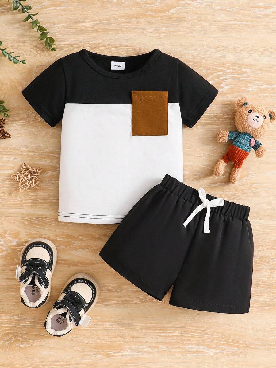 男婴拼色短袖上衣和短裤套装，简约时尚