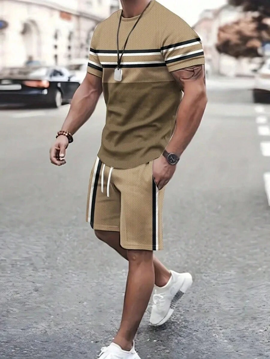 Men's Striped Casual Versatile Printed Round Neck Short Sleeve T-Shirt And Drawstring Waist Shorts Set, Spring/Summer - Khaki - View 1
